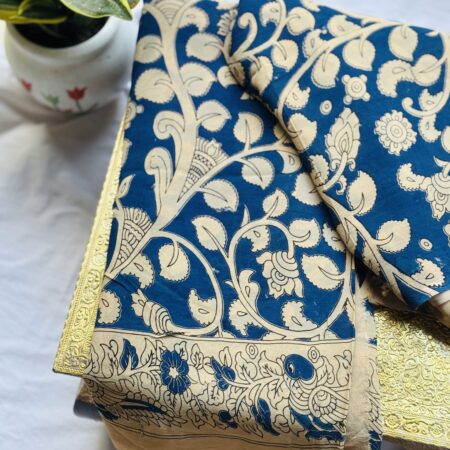 Royal Blue Kalamkari Printed Soft Silk Saree with Elegant Floral Border