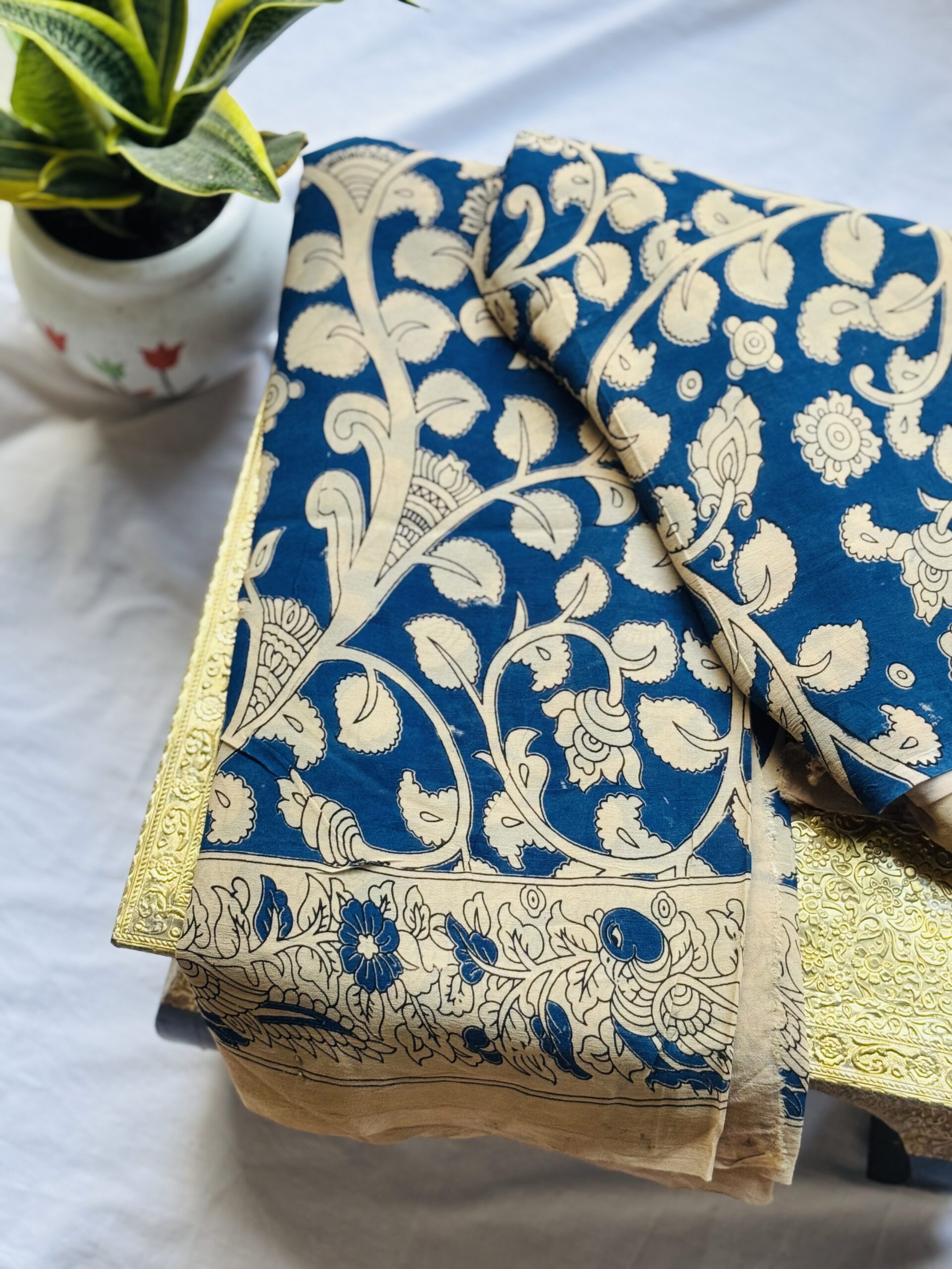 Royal Blue Kalamkari Printed Soft Silk Saree with Elegant Floral Border