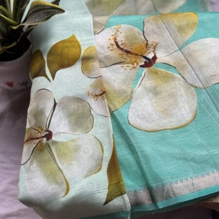 Digital Print Mangalagiri Saree – Aqua Blue Floral Elegant Saree