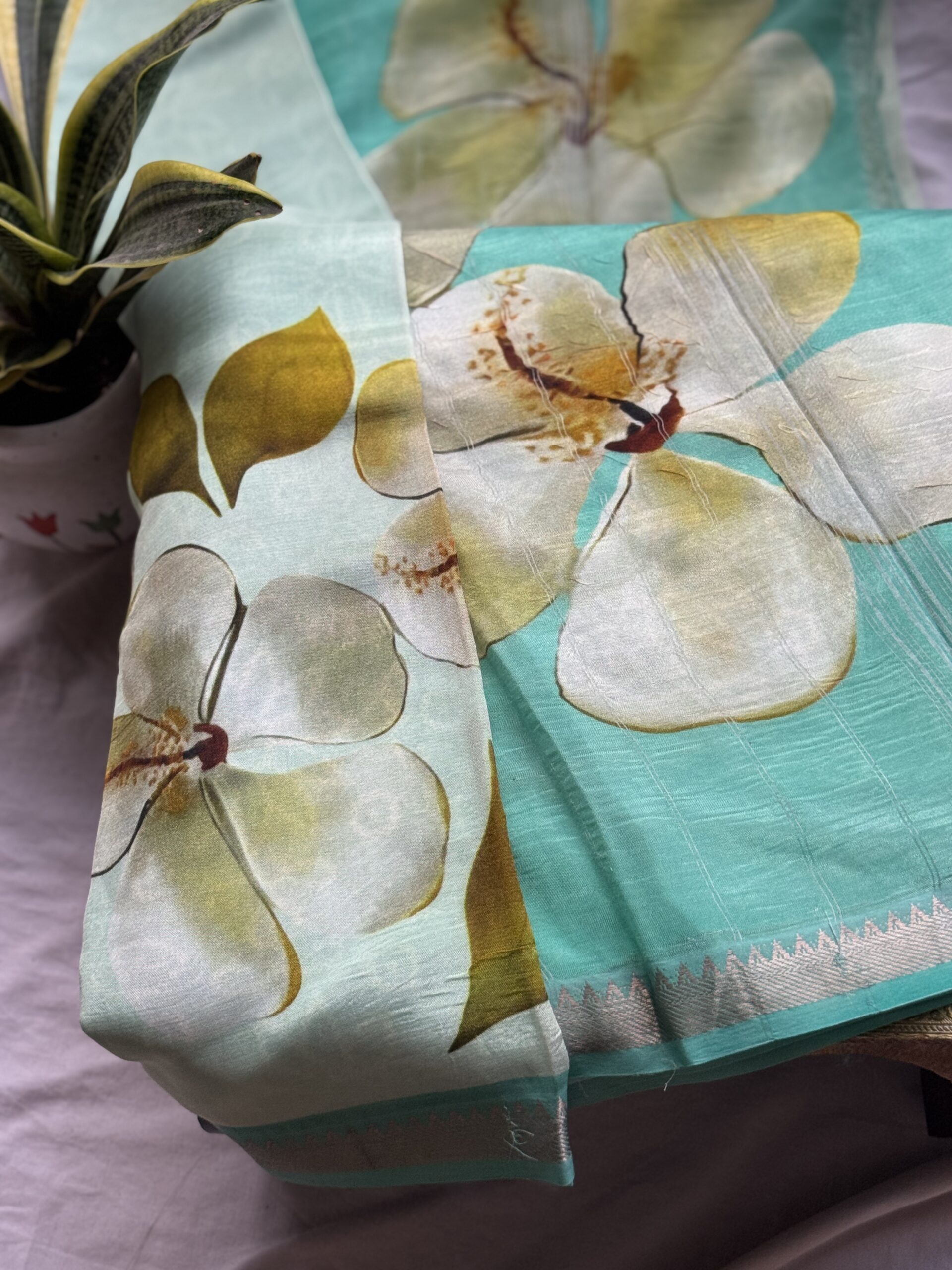 Digital Print Mangalagiri Saree – Aqua Blue Floral Elegant Saree