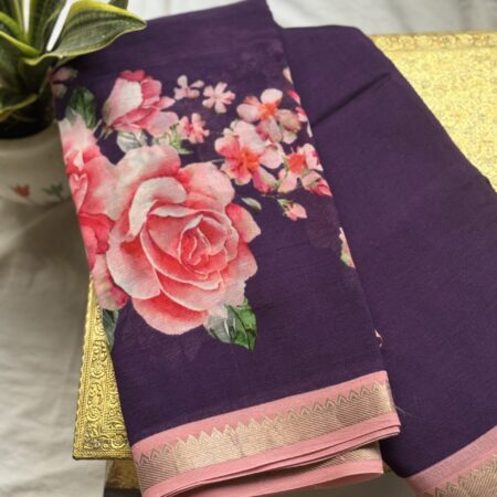 Pink Floral Digital Print Mangalagiri Saree with Elegant Zari Border