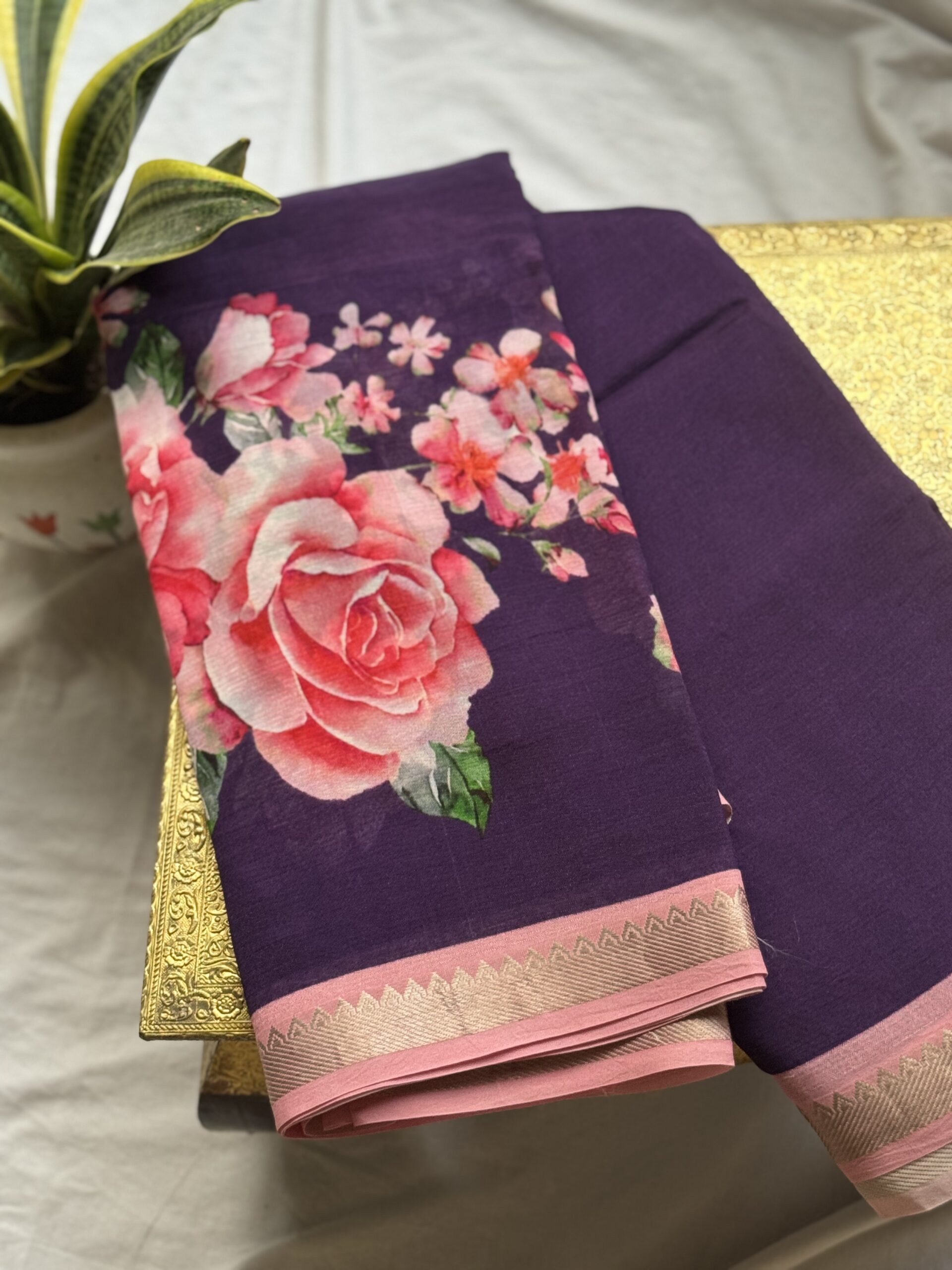 Pink Floral Digital Print Mangalagiri Saree with Elegant Zari Border